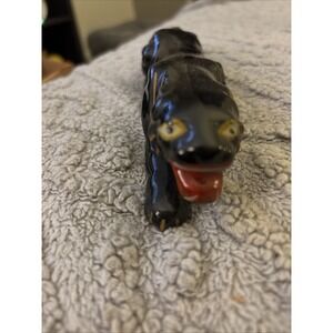 Japanese Black Ceramic Panther Figurine With Yellow Eyes & Red‎ Tongue